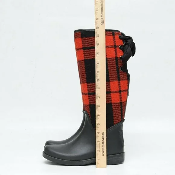 Coach Tristee Rain Boots Red Black Buffalo Plaid Tartan Womens 6B Lace Up Rubber - Picture 7 of 9